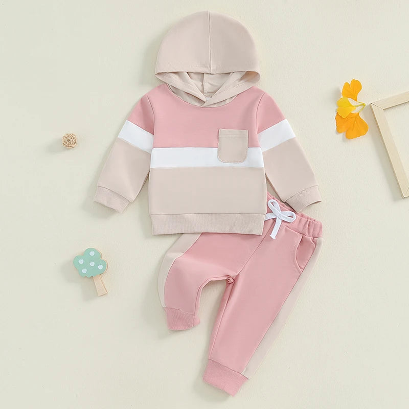 0-4Y Toddler Kids Boys Girls Fall Clothes Set Color Patchwork Long Sleeve Hooded Sweatshirt and Elastic Waist Pants