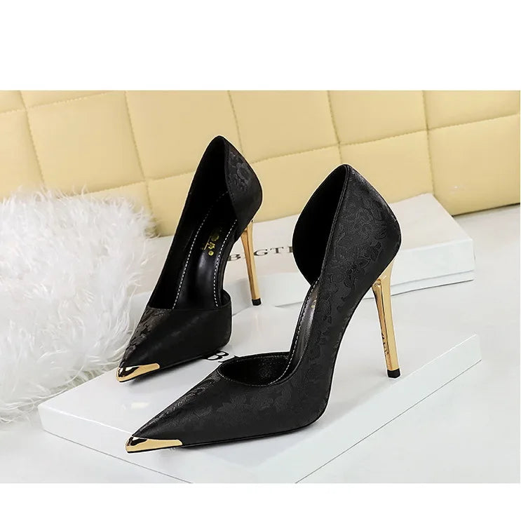 Women's 11CM Heels Silks Satins Metal Pointed Toe High Heels Shoes