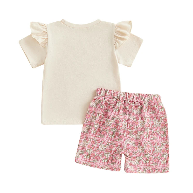 0-4Y Kids Girls Easter Clothes Set Rabbit Floral Print Short Sleeve Ruffled Tops Elastic Waistband Shorts
