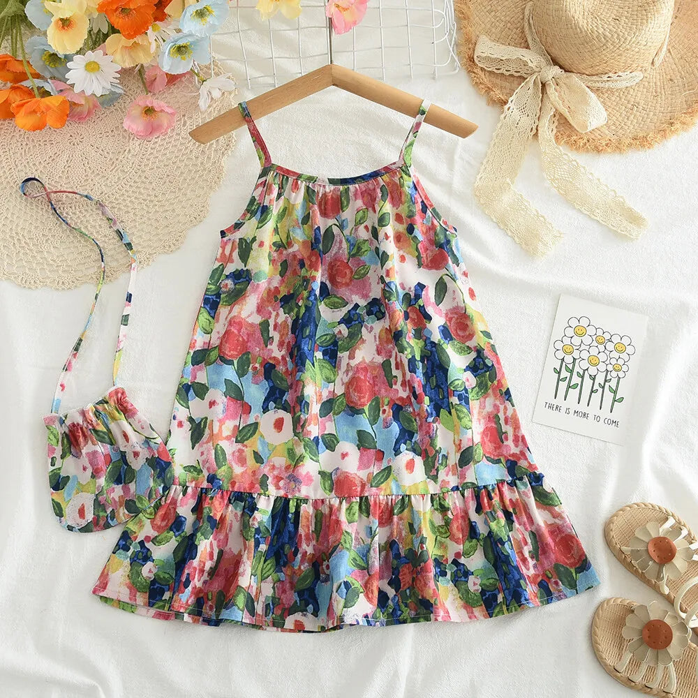 3-7 Years Baby Girl's Summer Floral Suspender Dress with Bag 2 Pieces Set
