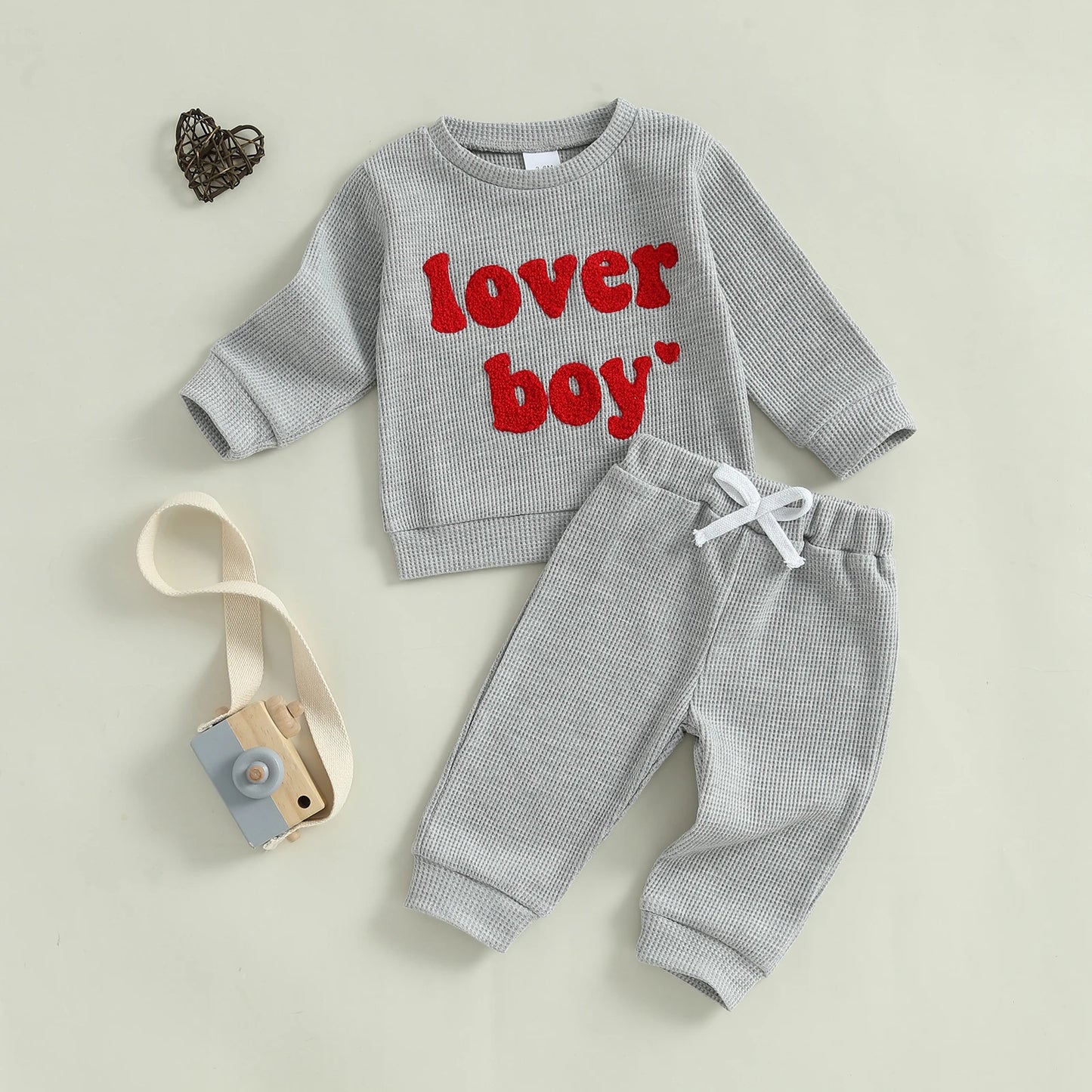 0-3Y Baby Boys Valentine's Day Clothes Sets Letter Embroidery Ribbed Long Sleeve Sweatshirts Drawstring Pants