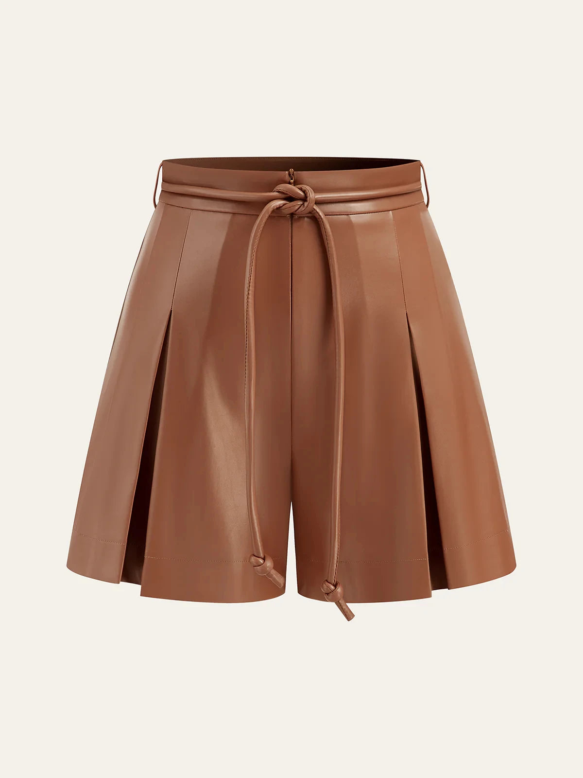 Women's Pleated Faux Leather Wide Leg Shorts with Belt - Office & Casual Wear