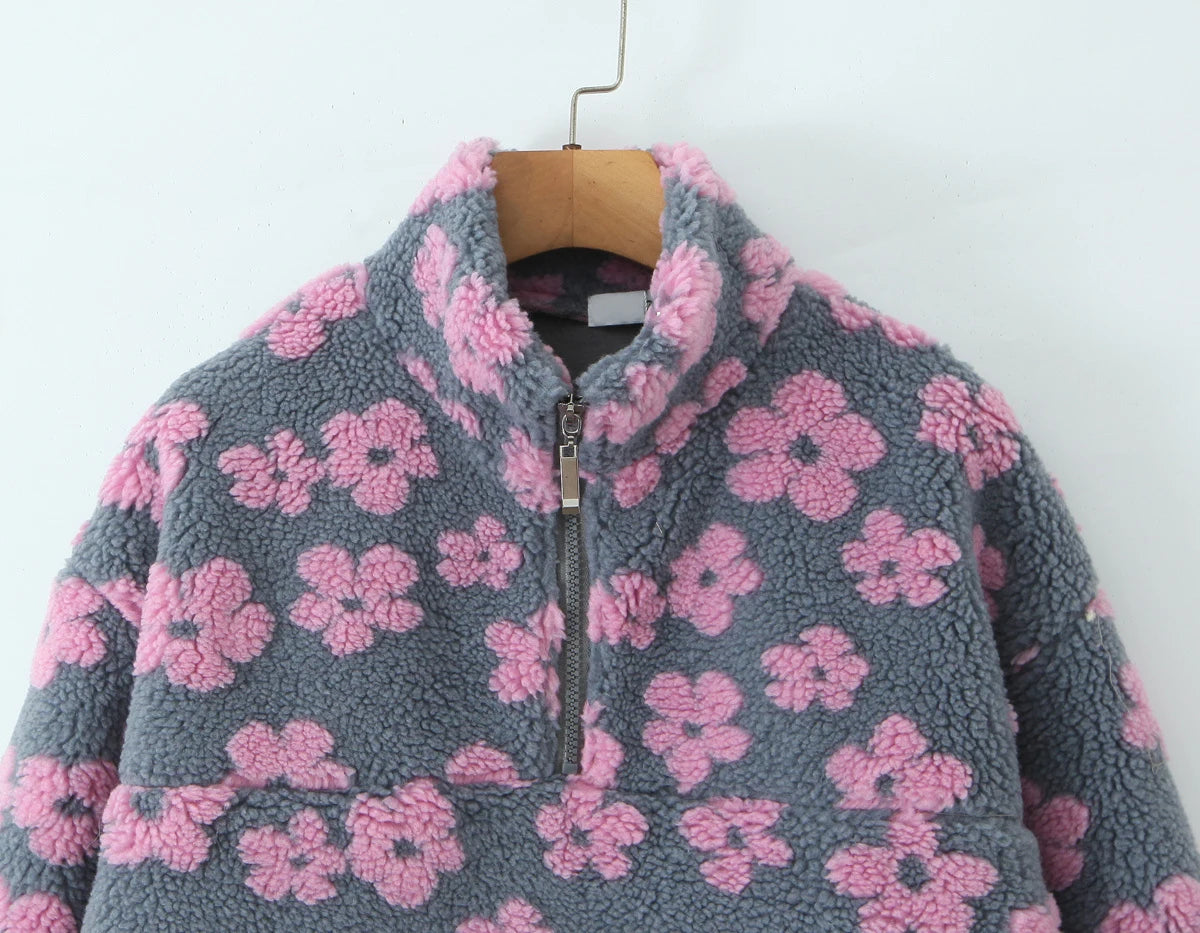 Lambswool Floral Sweatshirt - High Neck Long Sleeve Warm Pullover