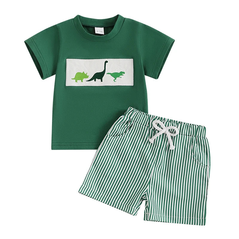 Baby Boys' Casual Outfit Set - Animal Embroidery Short Sleeve T-Shirt & Striped Shorts 2pcs