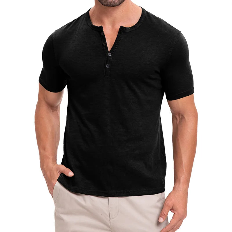 Men's Summer Henry Collar Short Sleeve Casual Pullover T-Shirt