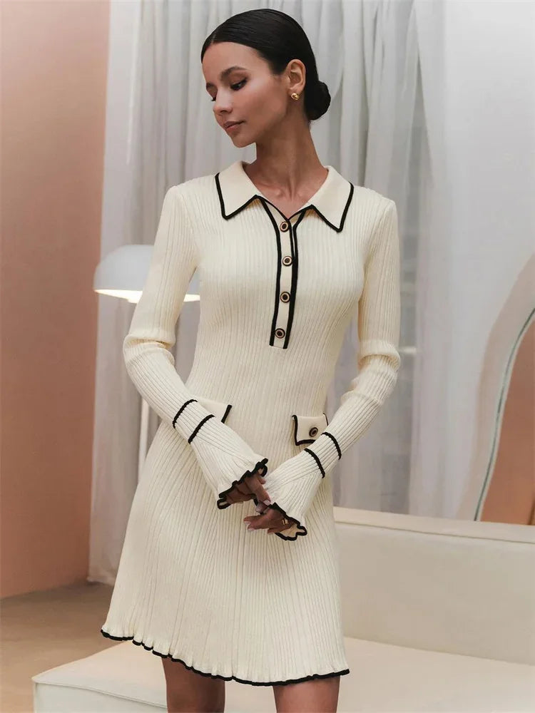 Women's Knitted Ruffled Rib High Waist Long Sleeve Banquet Dress