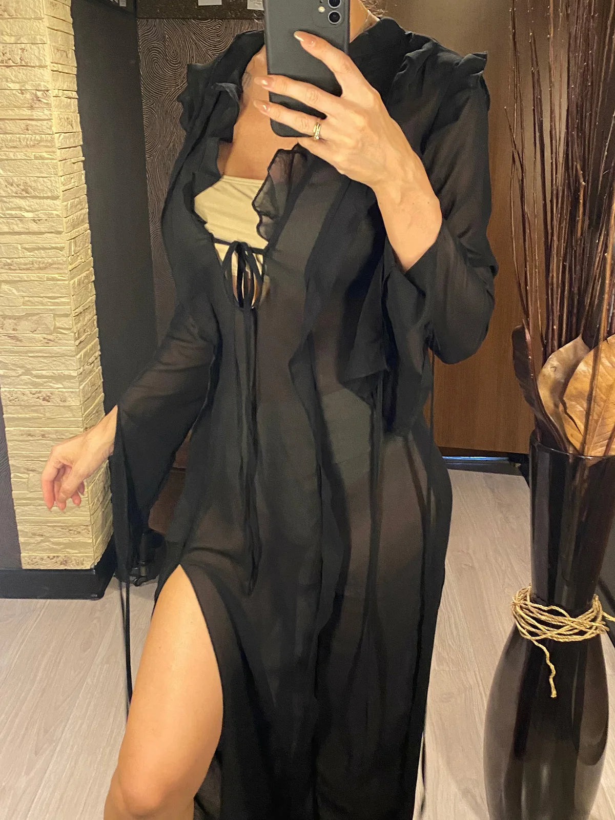 Women's Deep V-Neck High Split Ruffle Beach Cover-Up Maxi Dress