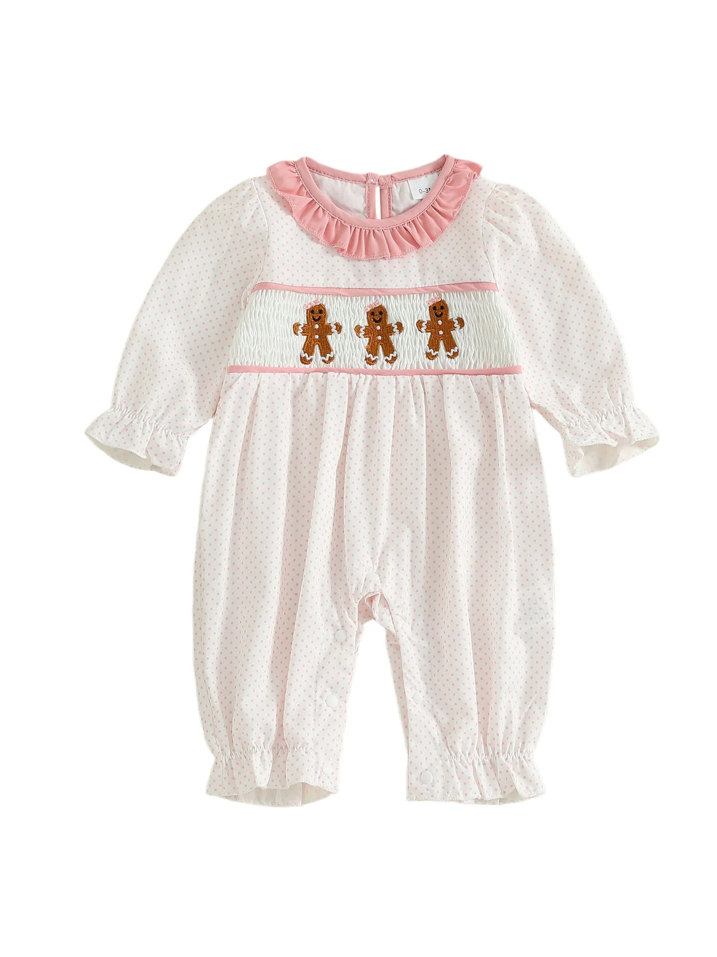 Baby Girls' Christmas Romper - Santa & Gingerbread Embroidery Smocked Long Sleeve Jumpsuit