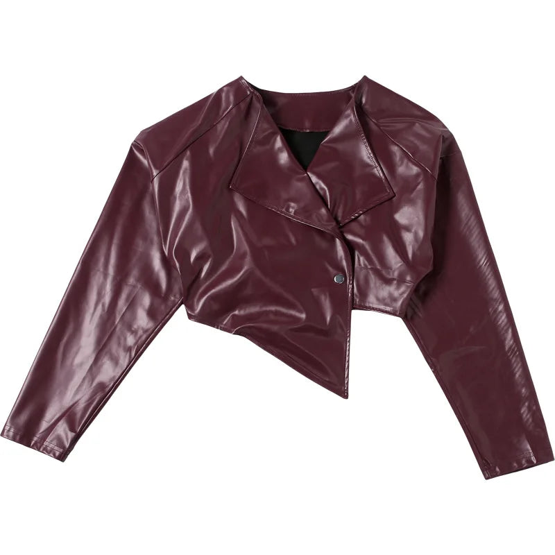 Women's PU Leather Cropped Jacket - Asymmetrical Single Button Coat