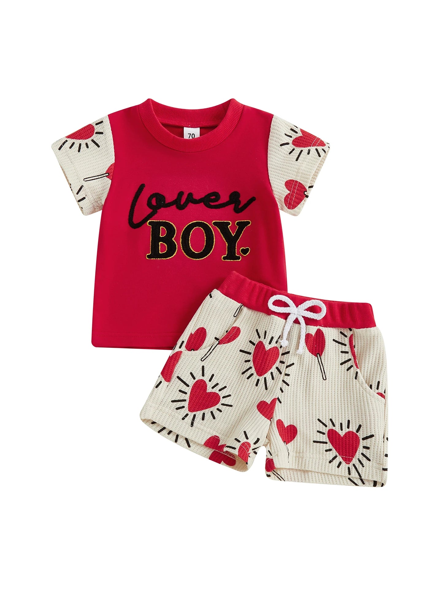 Toddler Boys Valentine's Day Outfit Set - Letter Embroidery T-Shirt & Candy Heart Shorts