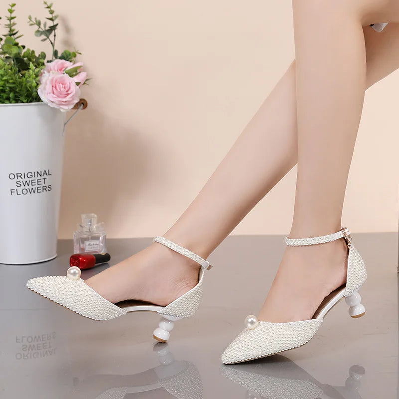 Women's 5cm Round Heel Shaped Heel Pearl Sandals