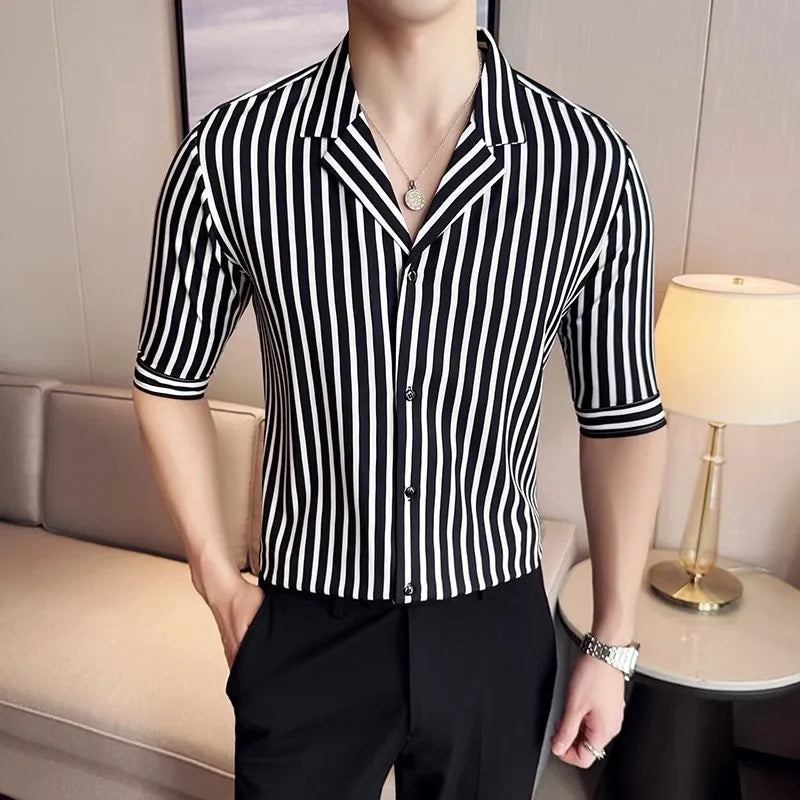 Men's Summer Half Sleeve Casual Slim Fit Striped Turn Down Collar Shirt