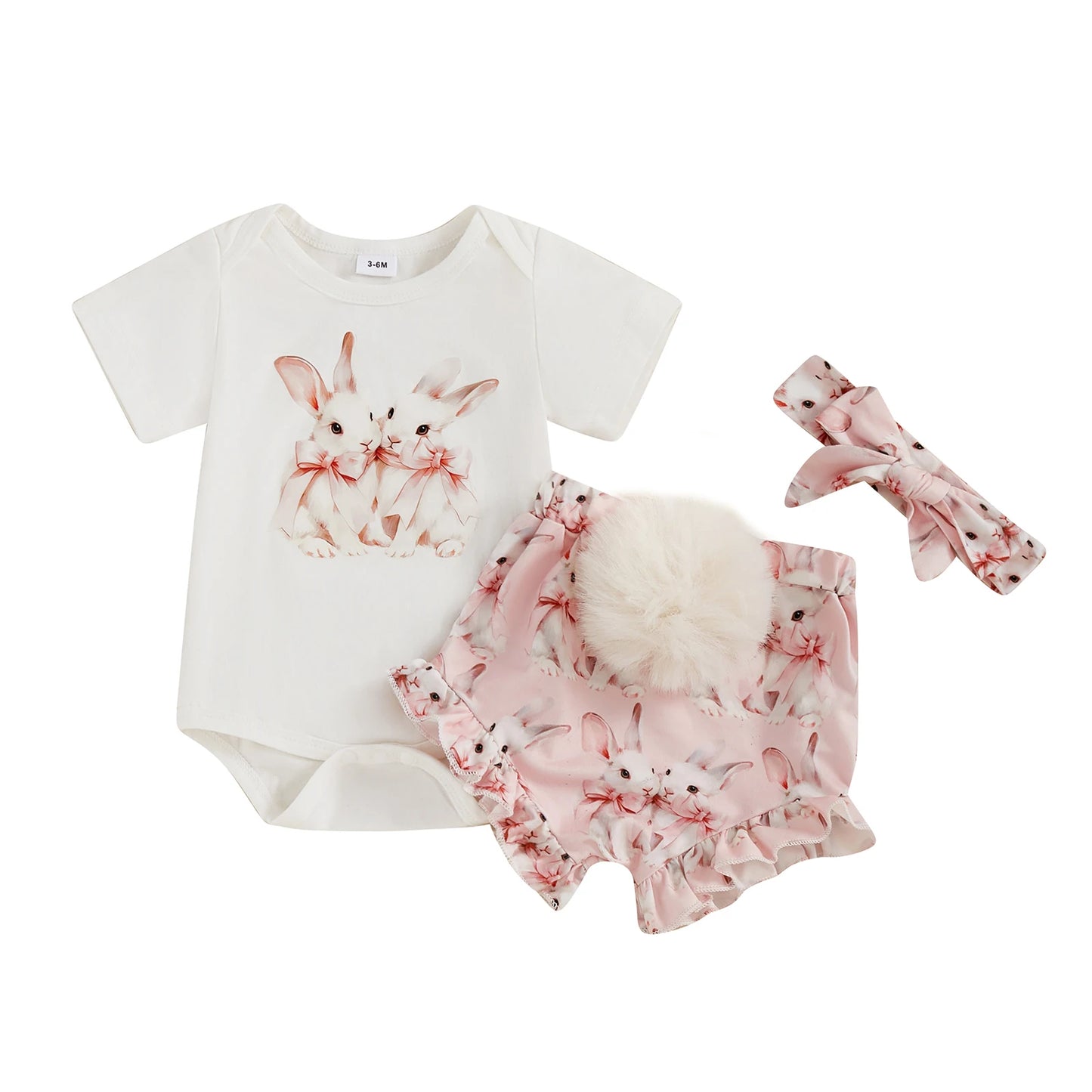 3pcs Baby Girls Easter Clothes Sets 0-18M Rabbit Print Short Sleeve Romper and Shorts Cute Headband