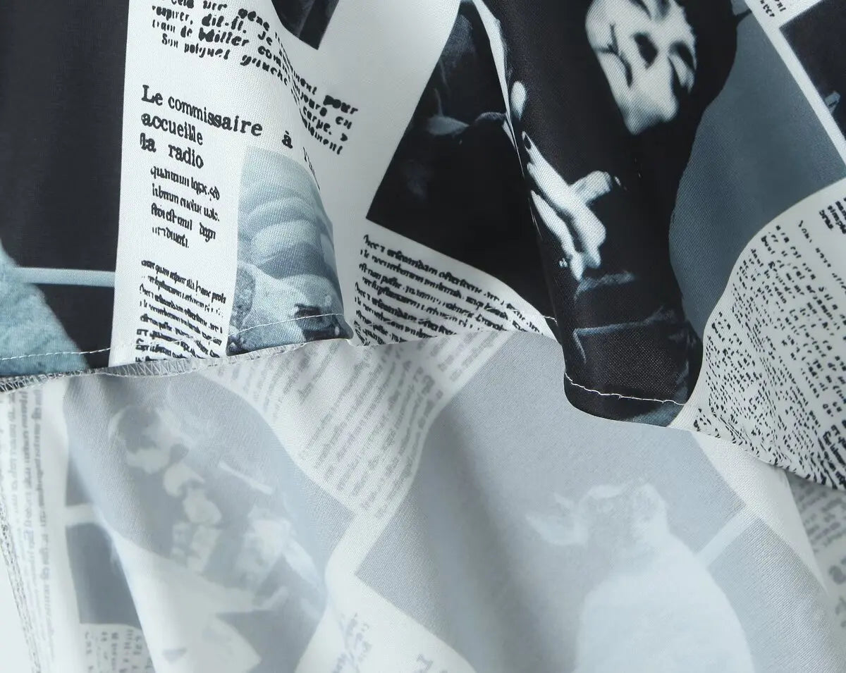 Newspaper Print Sling Dress - Backless Chain Strap Dress