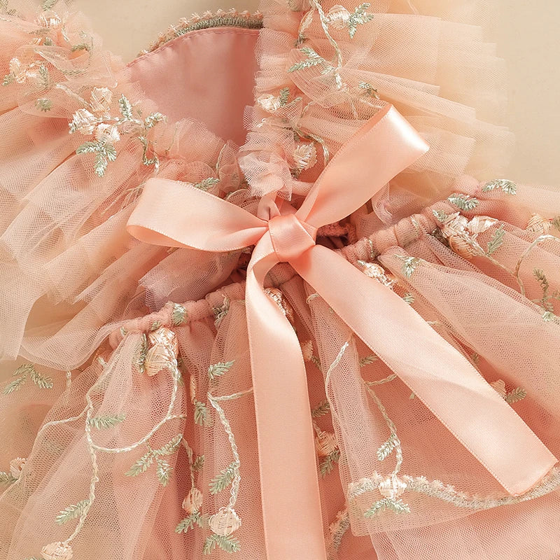 Baby Girls Summer Romper Dress with Headband - Floral Embroidery Tulle Jumpsuit