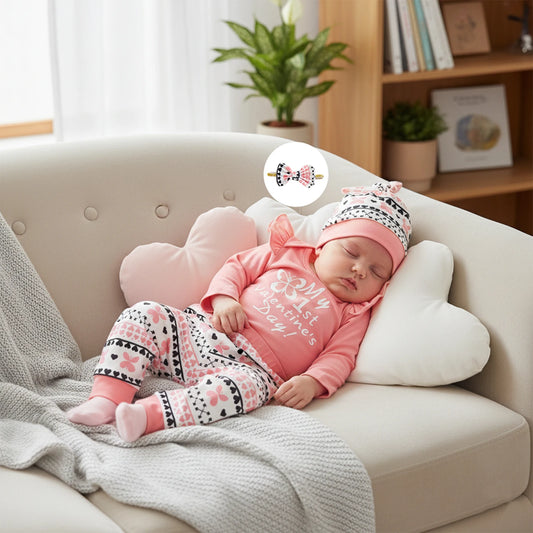 Newborn Baby Girls Boys Valentine's Day Outfit Set - Letter Print Romper with Butterfly Pants & Accessories 0-12M