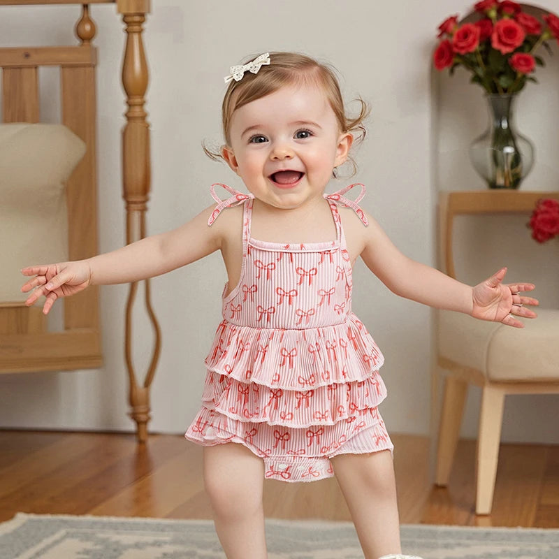 Bow Print Layered Ruffle Spaghetti Strap Baby Romper