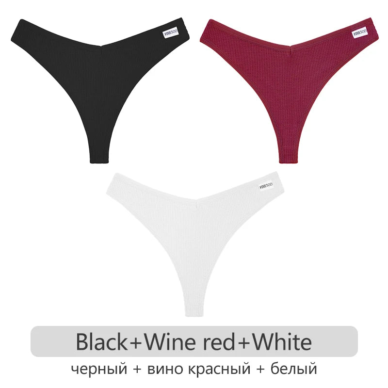 Women's Cotton Waffle Thongs 3-Piece Set - Low-Rise Comfortable Underwear