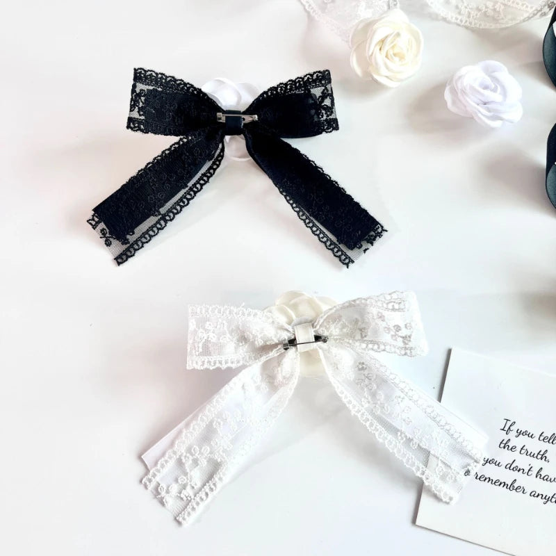 Elegant Black Lace Bow Tie Brooch - Camellia Flower Lapel Pin