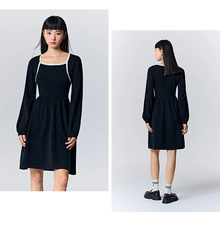 Women's Color Block Knit Dress - Square Neck French Style Slim Fit Winter 2025