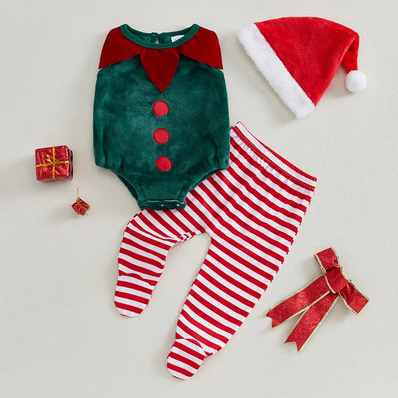 0-18M 3pcs Infant Baby Boys Christmas Clothes Sets Sleeveless O Neck Romper Striped Pants Hat Sets