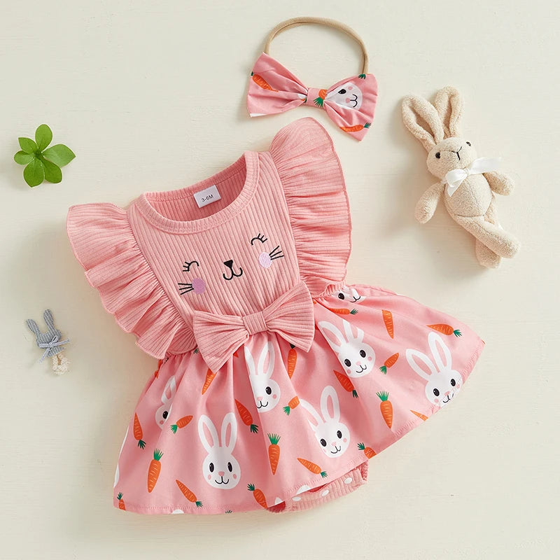 0-18M  Baby Girls Rompers Dress Easter Rabbit Carrot Print Ruffles Fly Sleeve Print Skirt Hem Jumpsuits Headband