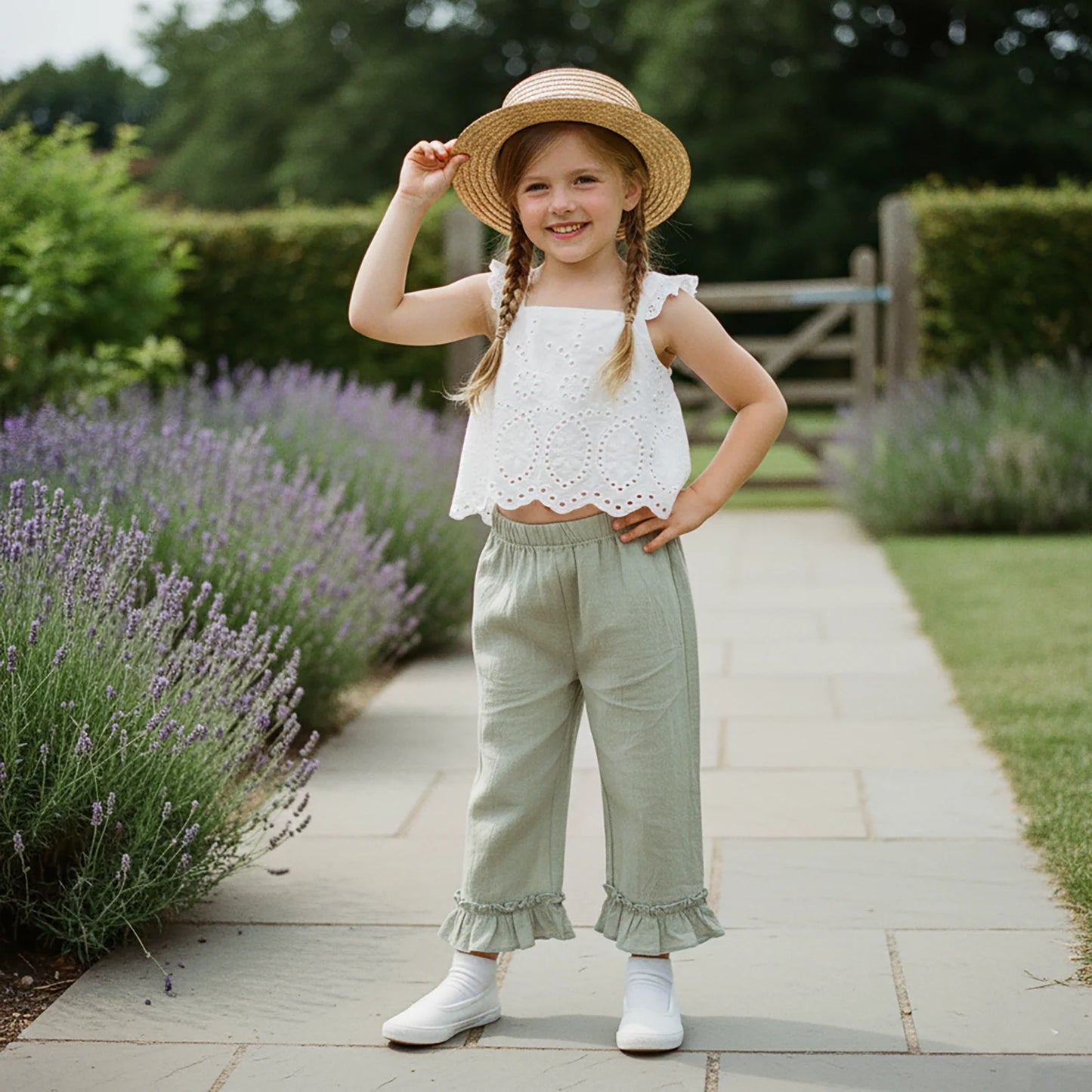 Girls Spring Outfit Set - Lace Ruffle Sleeveless Top & Wide Leg Pants (2-7Y)