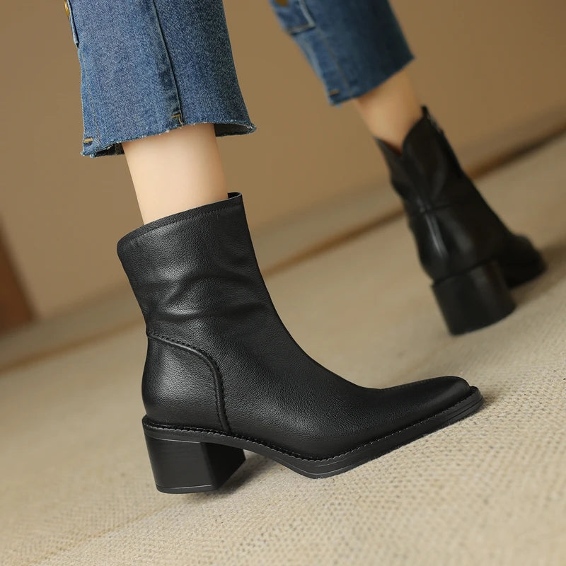 Women's Genuine Leather  Pointed Toe Chunky Heel Western Boots Cowboy Boots