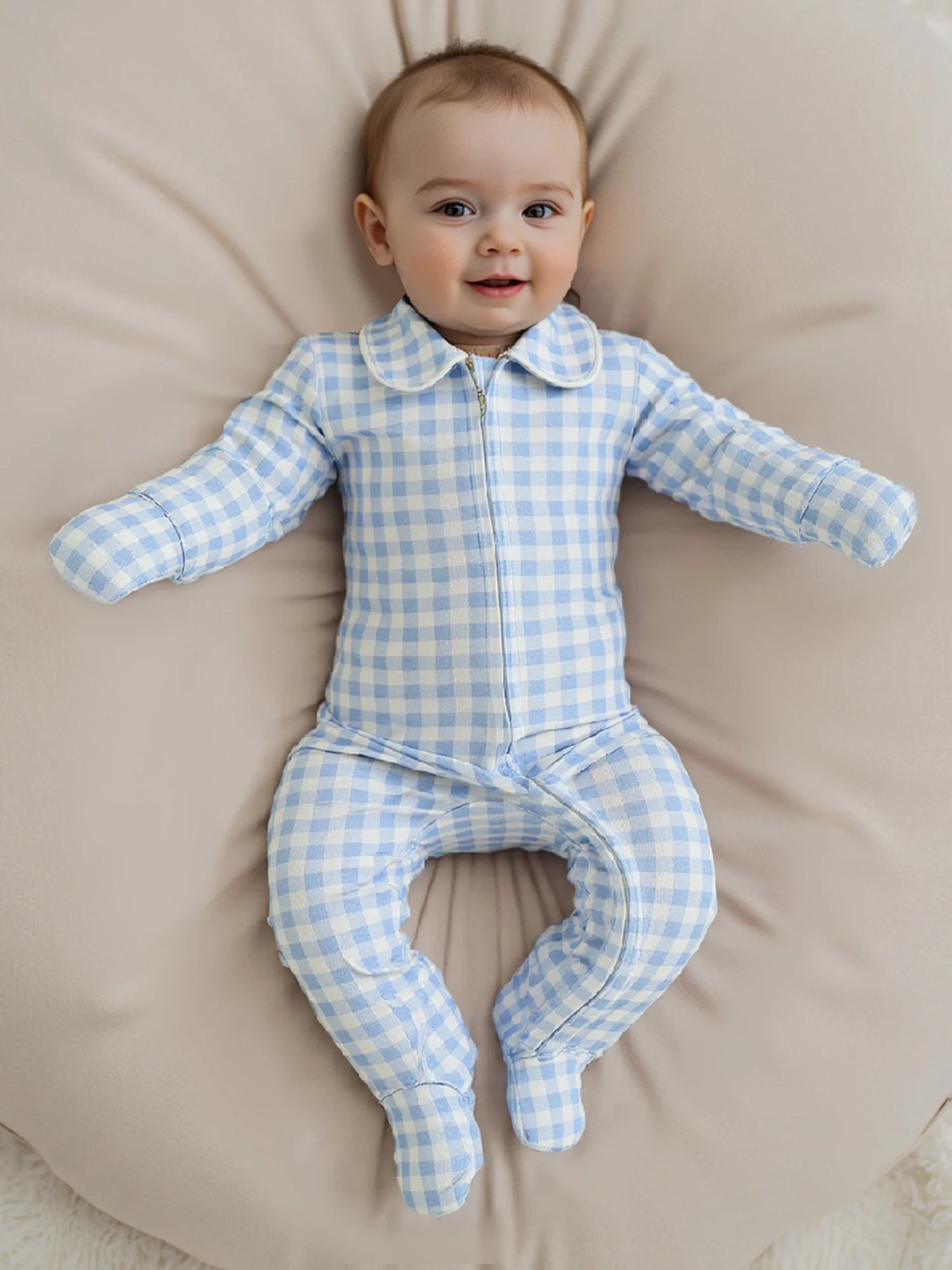 Newborn Baby Plaid Romper - Doll Collar Long Sleeve Zip-Up Footed Jumpsuit