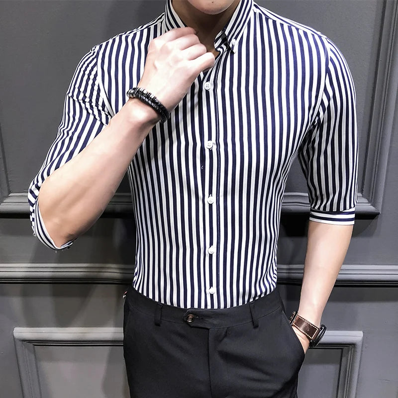 Men's Spring Summer Three Quarter Casual Striped Slim Fit Square Collar Shirt