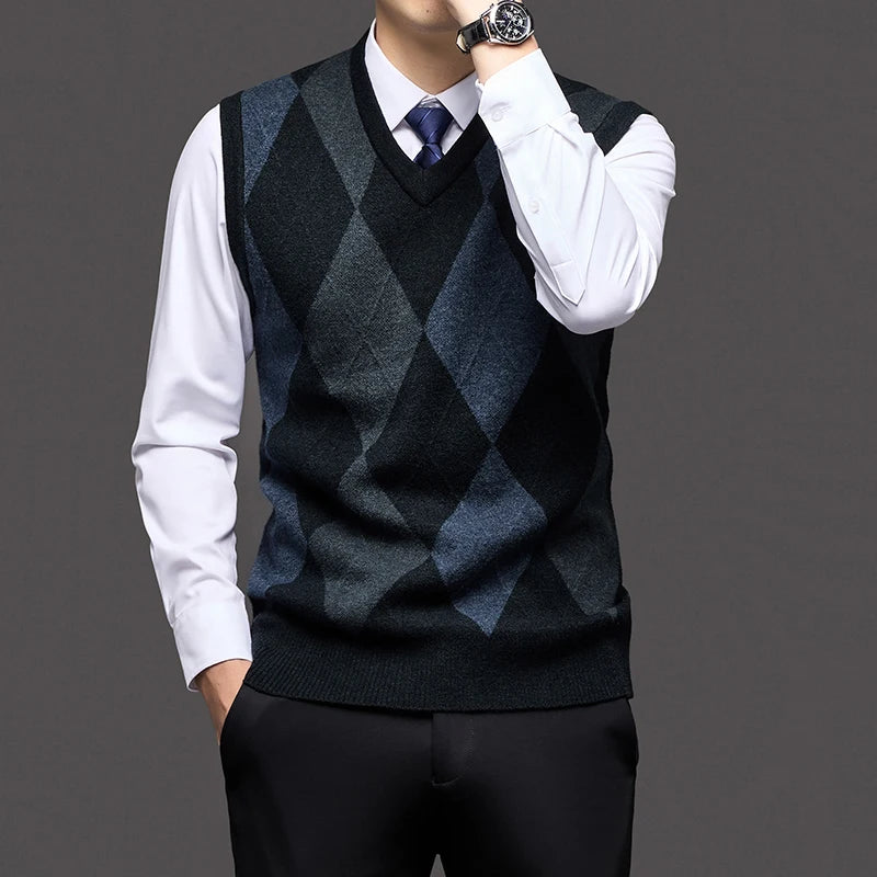 Autumn Winter Argyle V-Neck Knit Vest - Smart Casual Sleeveless Pullover