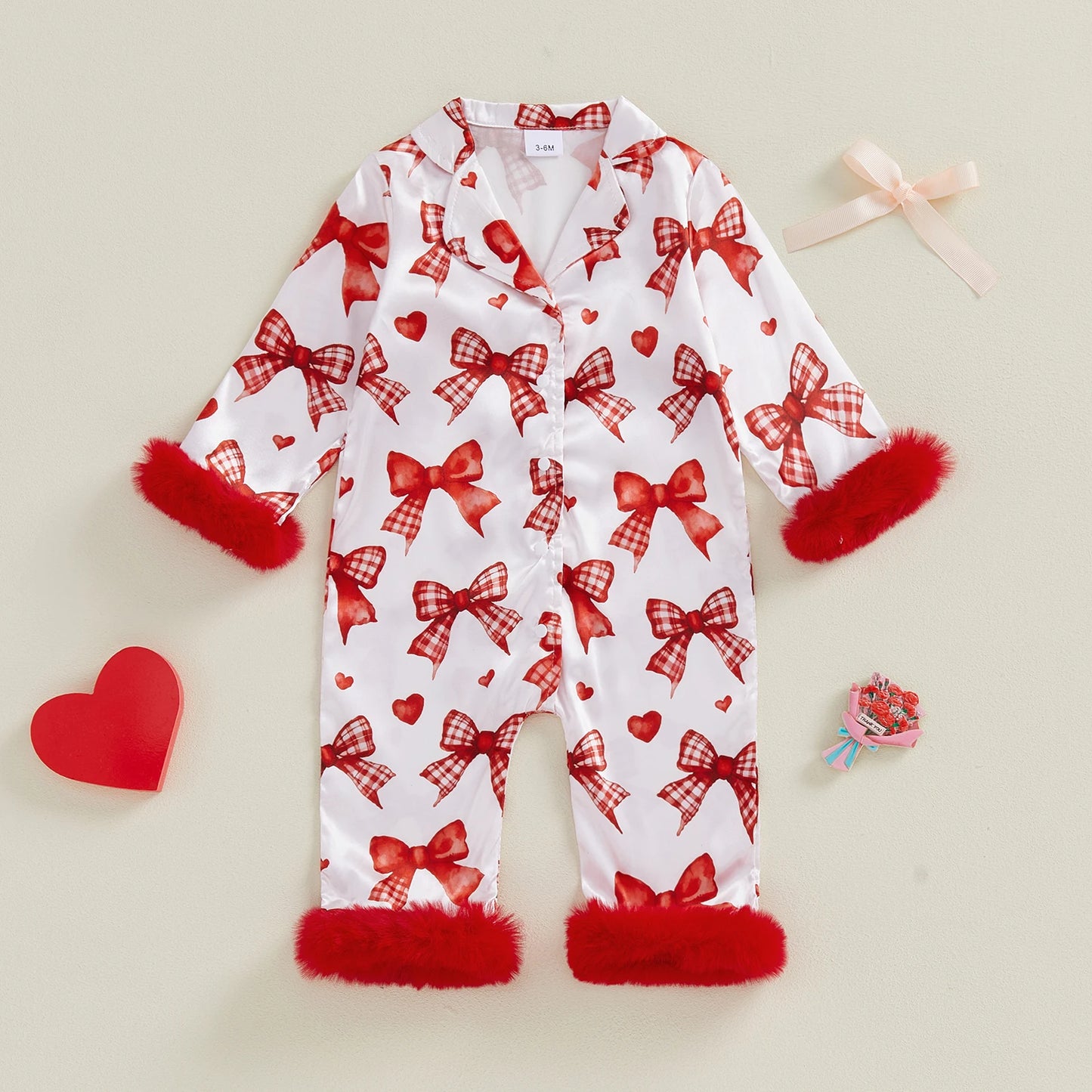 Baby Girls Romper - Heart Print Lapel Collar Jumpsuit with Fur Cuffs