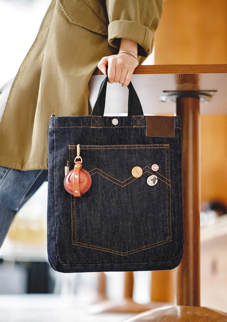 Women's Workwear American Retro Shoulder Crossbody Denim Embroidery Large Capacity Portable Flat Tote Bag