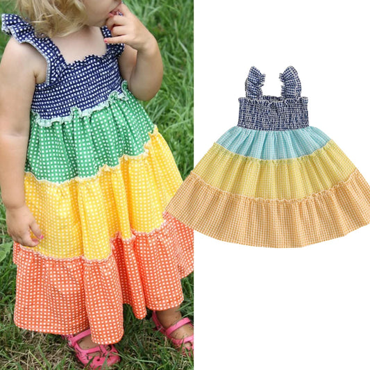 0-4Y   Kids Girls Summer Dress Colorful Plaid Striped Print Sleeveless Suspender Smocked A-Line Dress