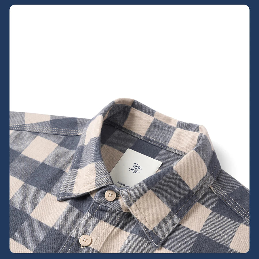 Men's Loose Plaid 8oz Washed Vintage Fabric Casual Check Shirt