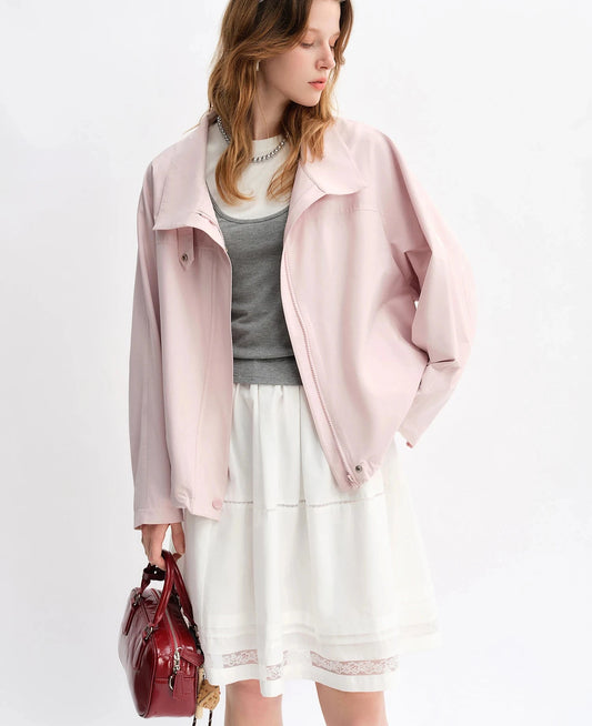 Pink Cropped Jacket - Relaxed Fit Drawstring Hem Windbreaker