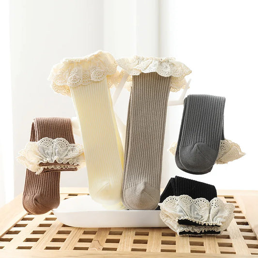 Baby Girls Lace  Stocking Ribbed Knit Non-slip Medium Tube Stockings
