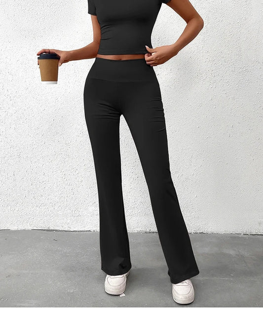 Women's Two-Piece Yoga Set - Short Sleeve T-Shirt & Straight Pants