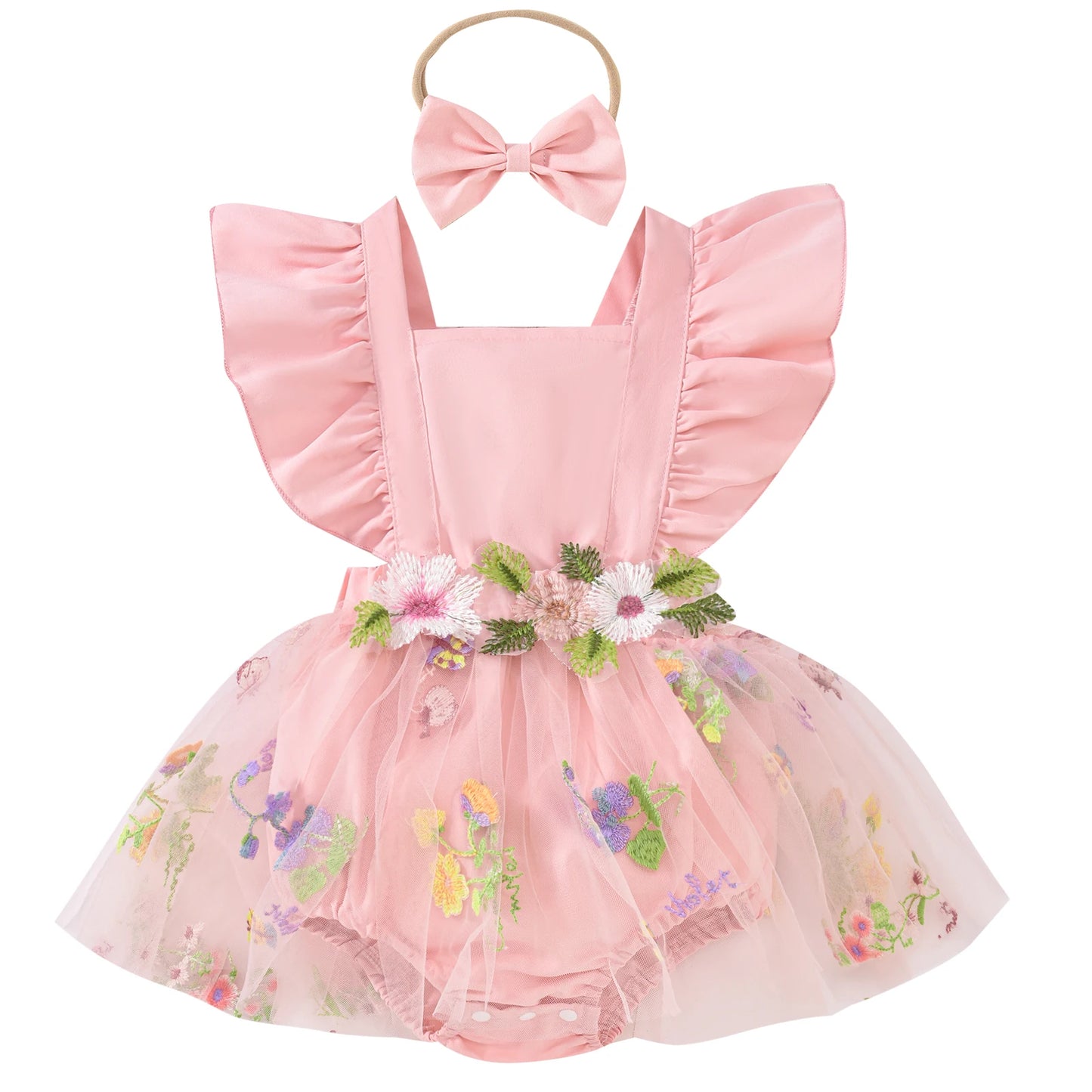 Baby Girls Romper Dress Set - Ruffles Fly Sleeve Flower Embroidery Tulle Jumpsuit