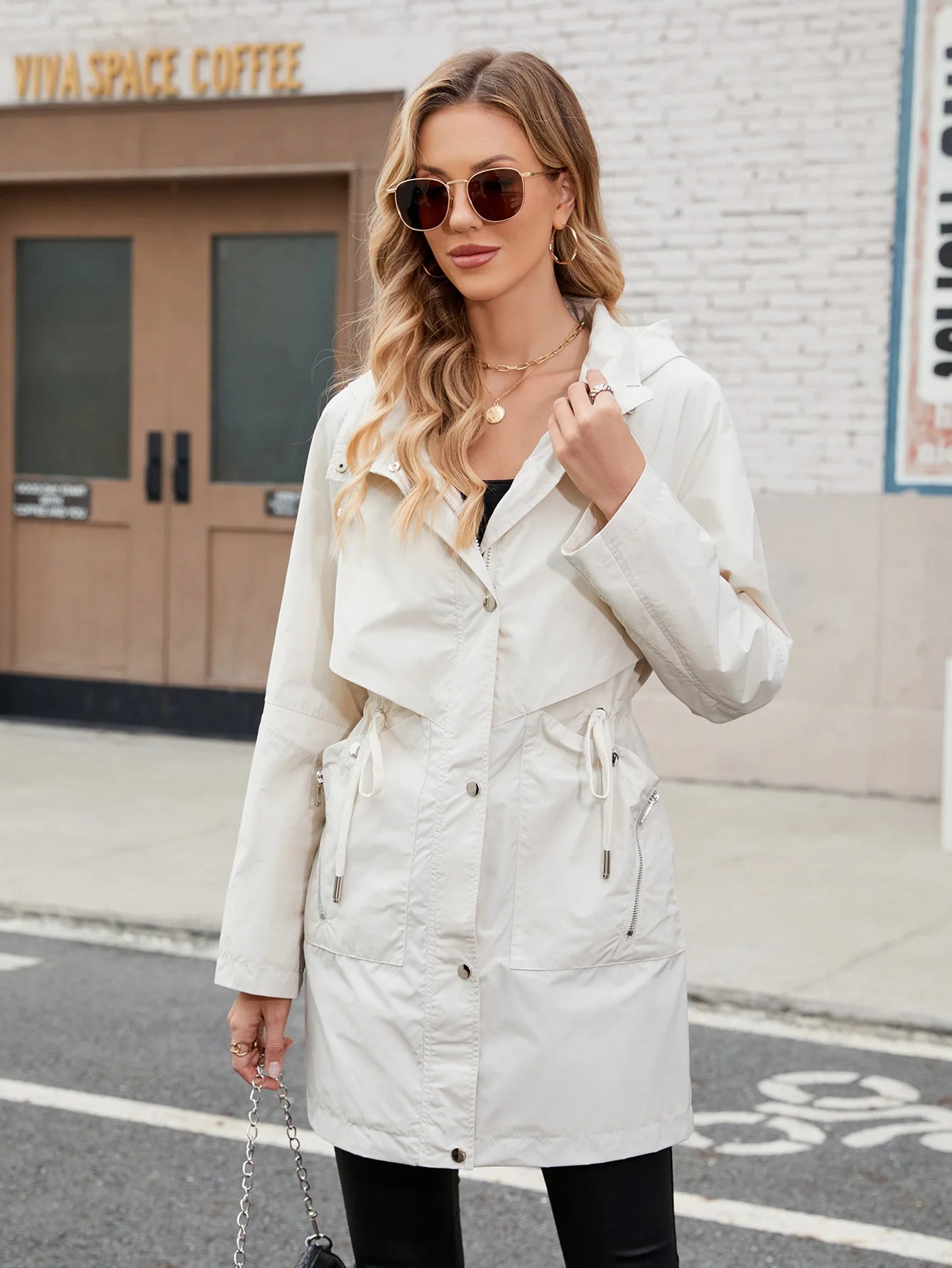Hooded Trench Coat with Drawstring Waist