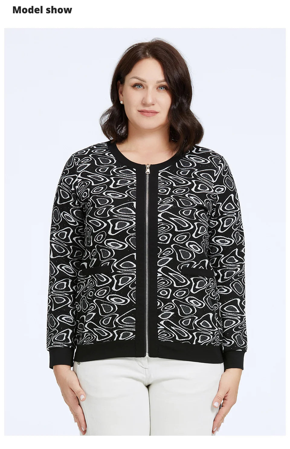 Women's Round Neck Print Windbreaker Zipper Jacket