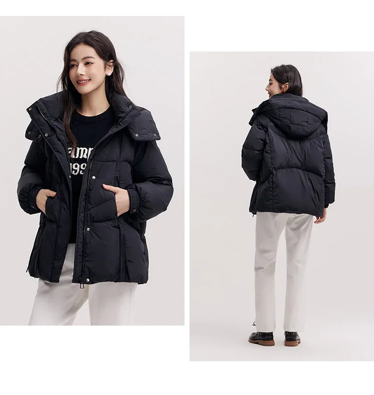 Mid-Length Loose Fit Hooded Down Jacket - Women's Textured Winter Coat