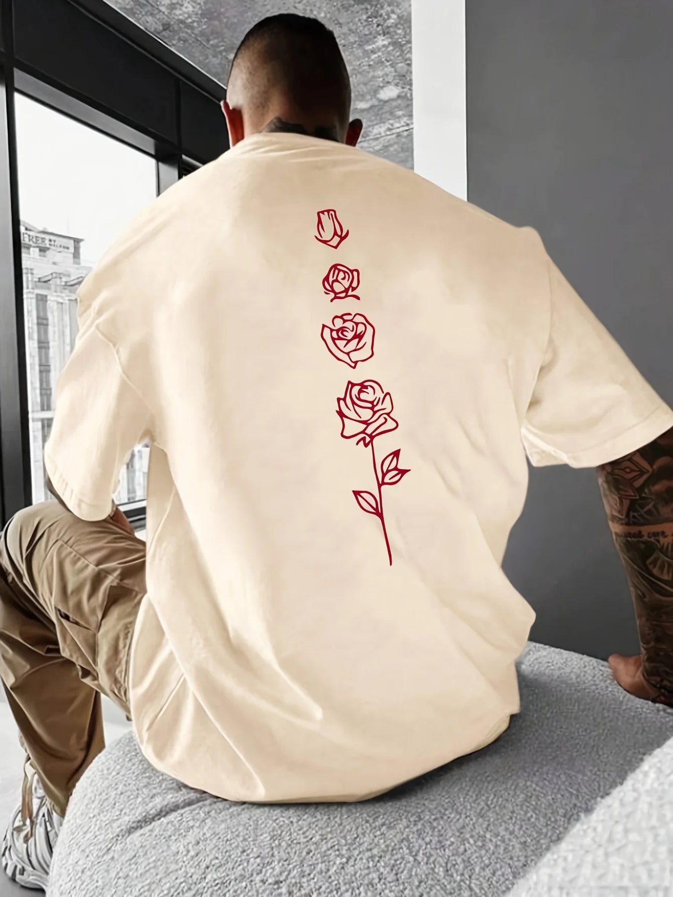 Men's Summer Loose Fit  100 Cotton Rose pattern Print T-shirt