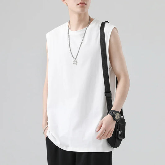 Men's Summer Cotton Sleeveless Loose Vest Sports Comfortable Breathable Round-Neck Tank Top