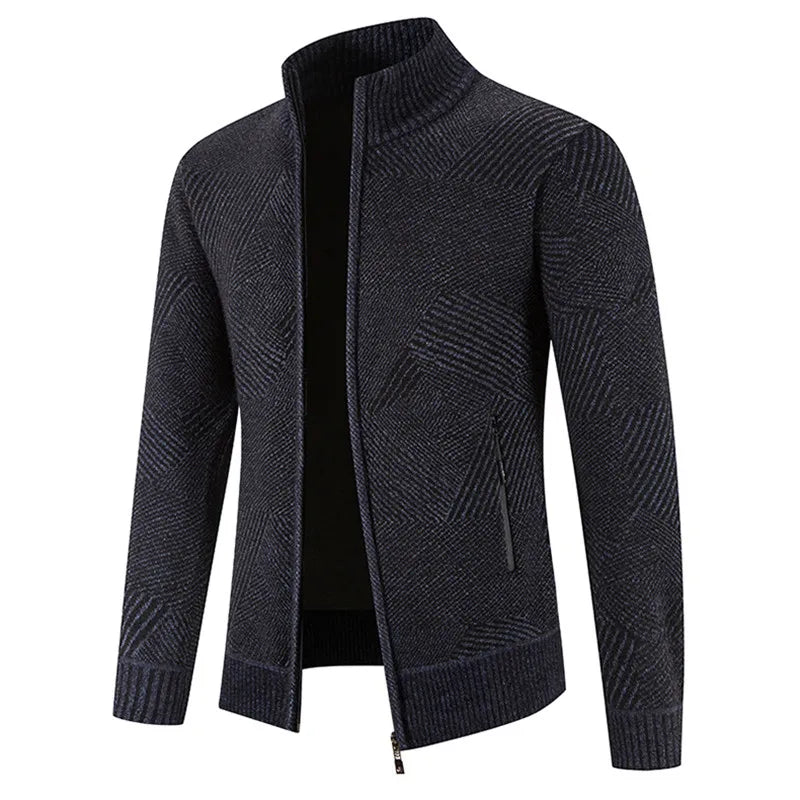 Men's Geometric Knitted Full-Zip Sweater Coat | Mandarin Collar | 4 Colours | M–XXXL