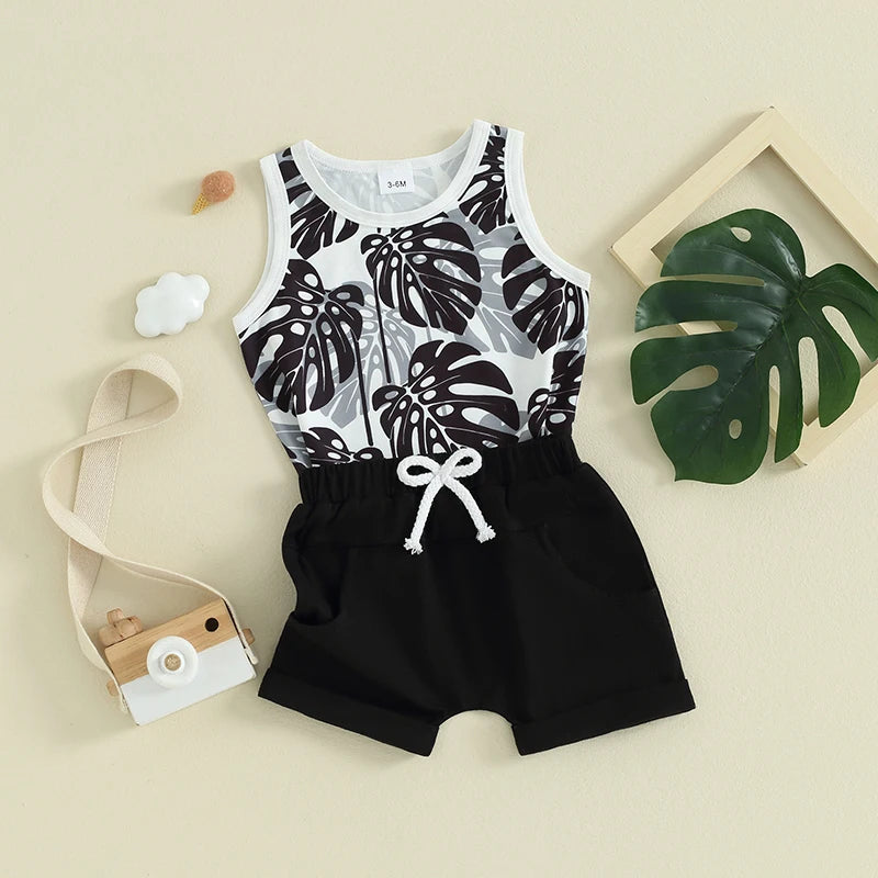 0-3Y Infant Baby Boys Clothes Sets Outfits Sea Tree Print Sleeveless Tank Tops and Elastic Shorts Set