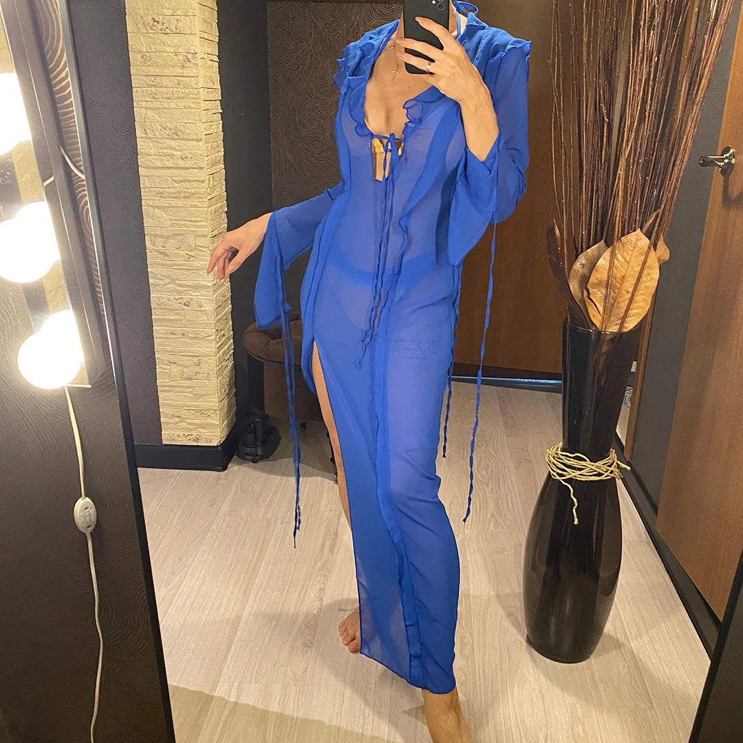 Women's Deep V-Neck High Split Ruffle Beach Cover-Up Maxi Dress