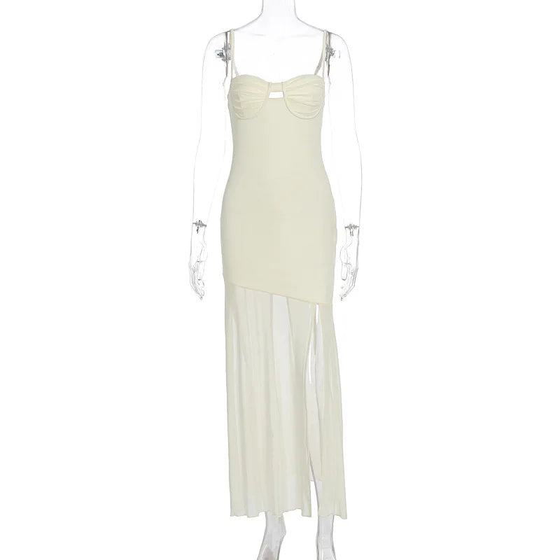 Women's Sleeveless Split Maxi Dress - Draped Backless Mesh Slip Dress