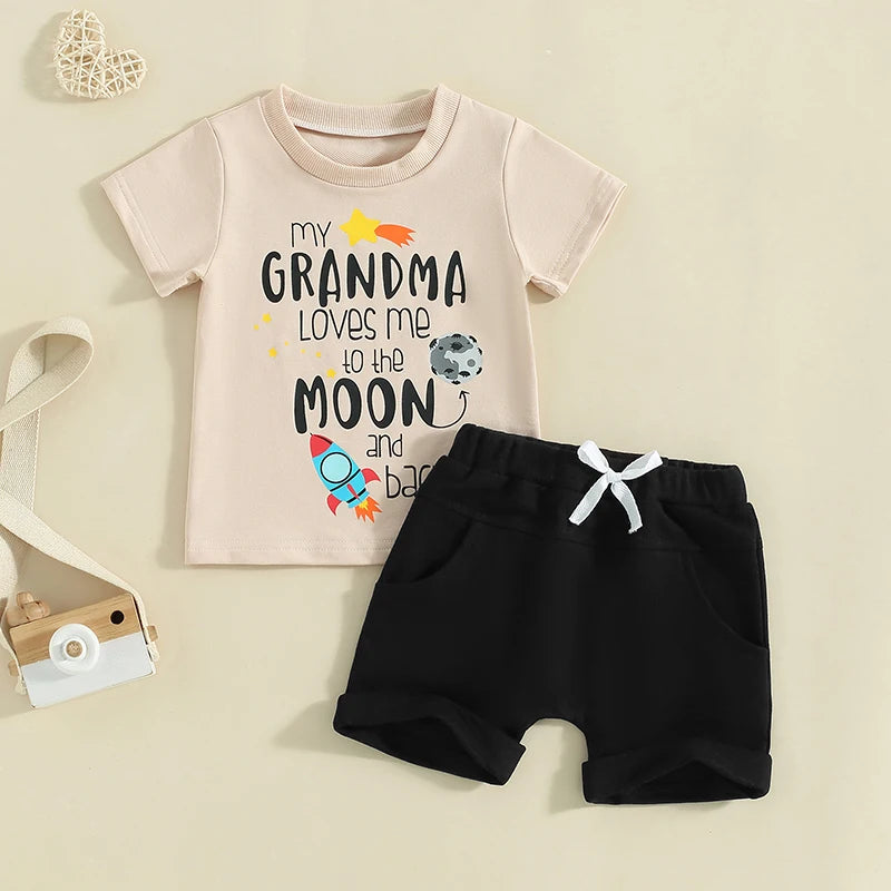 0-3Y Toddler Baby Boys Summer Clothes Sets Letter Rocket Print Short Sleeve T-Shirts Tops Elastic Waist Shorts