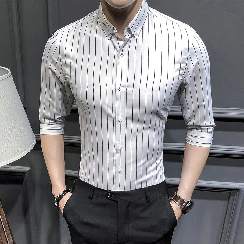 Men's Spring Summer Three Quarter Casual Striped Slim Fit Square Collar Shirt